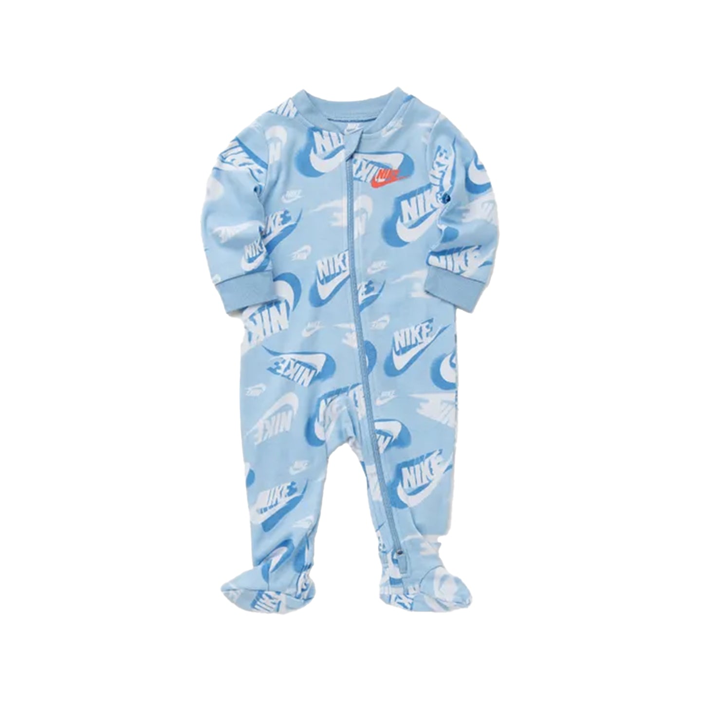 Nike NKB B NSW OTM AOP Footed Coverall in Psychic Blue with full-length zipper and footed design.