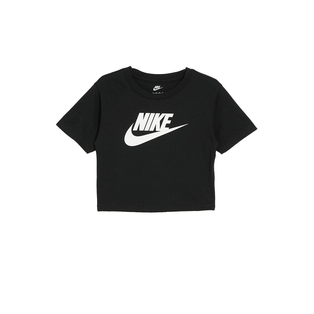 Nike Kids HBR Club Boxy Tee in black with white Nike logo, cropped boxy fit and ribbed crew neck
