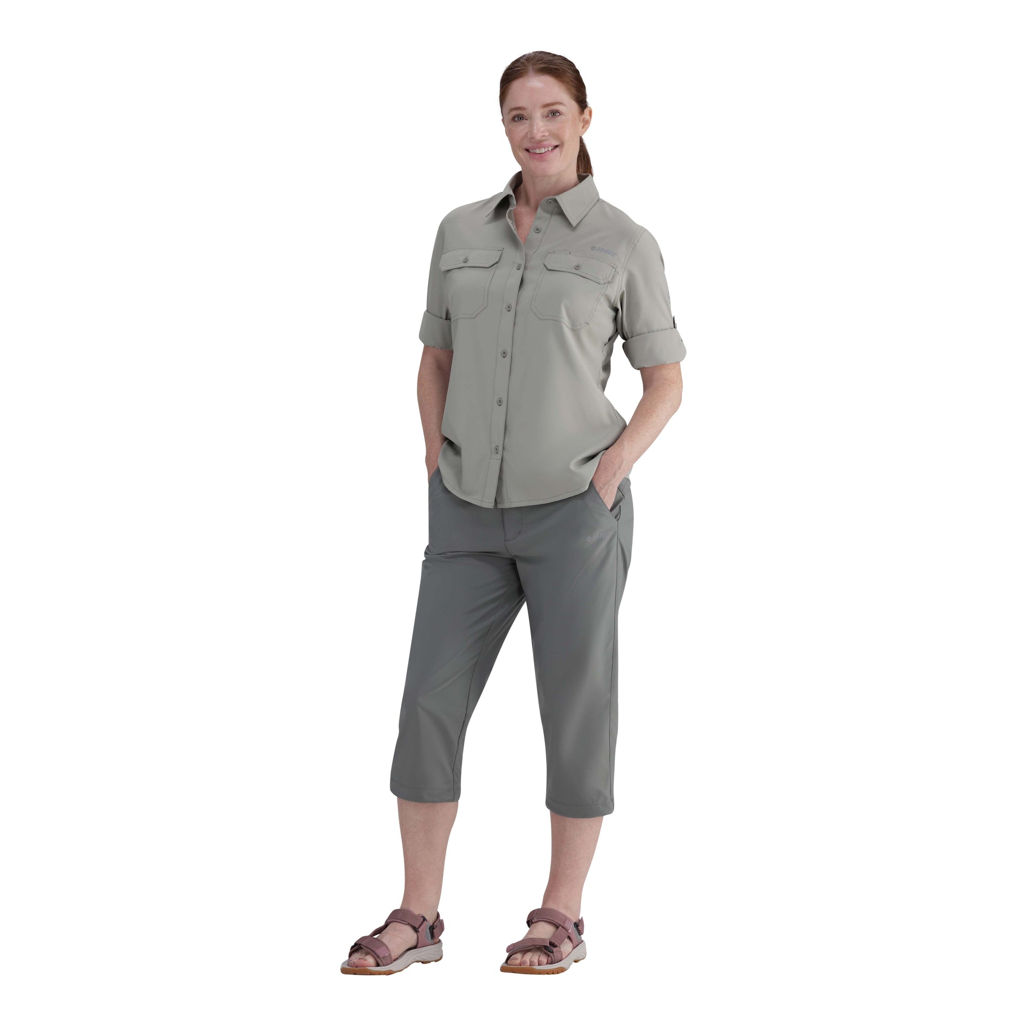 Durable Hi-Tec Ladies Long Sleeve Bush Shirt: UV50, Quick-Dry, Vented for Outdoor Adventures