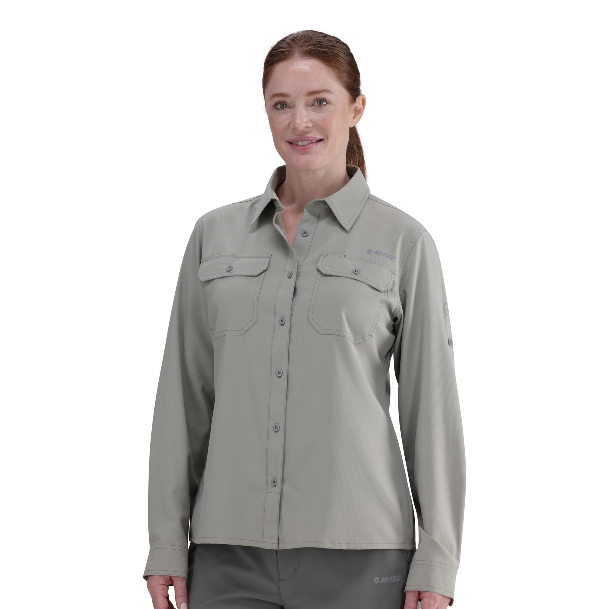 Durable Hi-Tec Ladies Long Sleeve Bush Shirt: UV50, Quick-Dry, Vented for Outdoor Adventures
